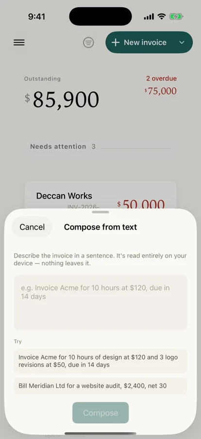 The compose sheet: describe an invoice in one sentence and Ochre drafts it, read entirely on the device.