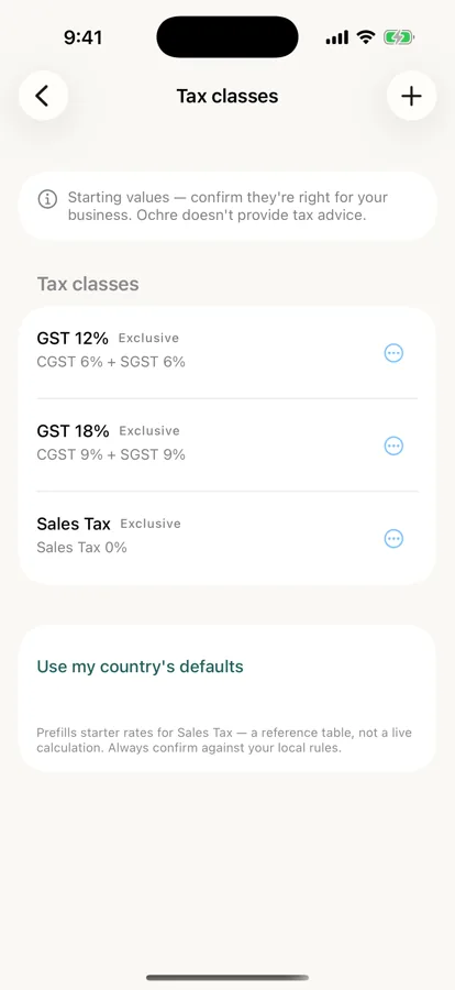 The tax-class editor listing GST 12%, GST 18% and Sales Tax, each marked inclusive or exclusive.